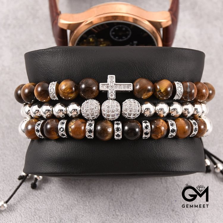 3Pcs/Set Tiger Eye Stone Beaded Men Cross Bracelet