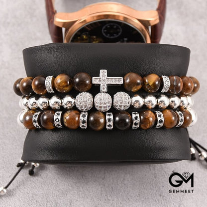 3Pcs/Set Tiger Eye Stone Beaded Men Cross Bracelet