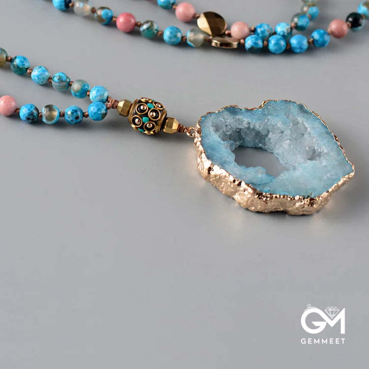 Natural Aquamarine Lepidolite Crystal Mala Bead Necklace