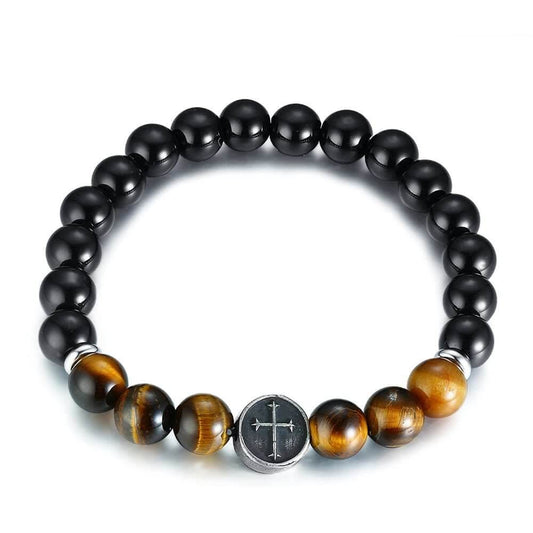 8mm Natural Tiger Eye Beaded Men Cross Bracelet