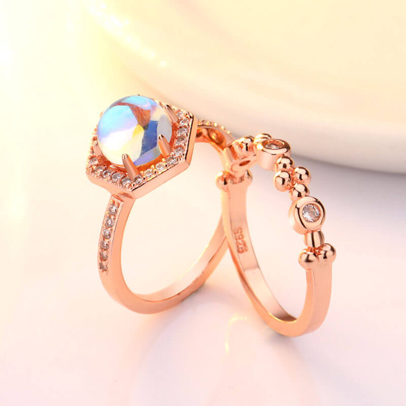 Halo Hexagon Moonstone 2 PCS Ring