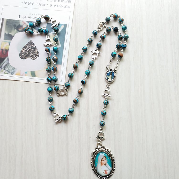 Azurite Malachite Lady Holy Medal Pendant Rosary Necklace