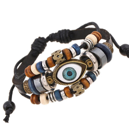 New Beaded Eyes Leather Bracelet Pull Adjustment Couple Leather Bracelet