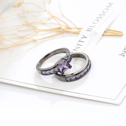 Black Gold Double Layer Purple Stones Love Couple Rings