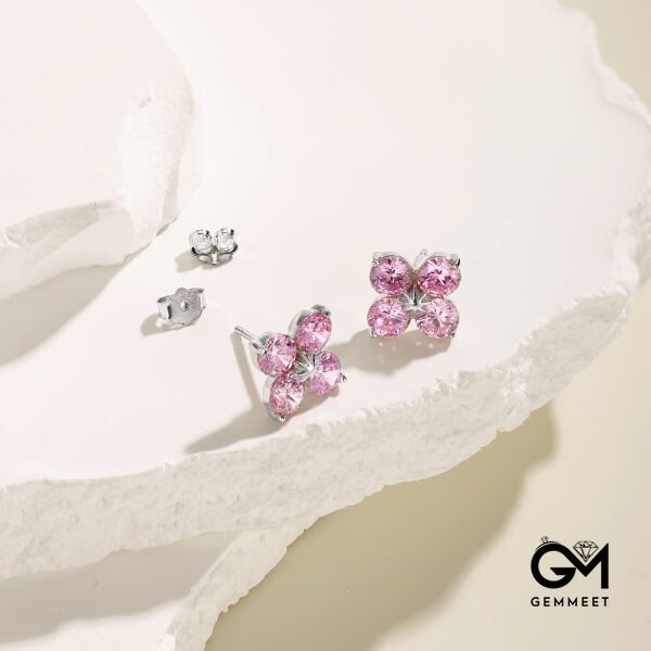 S925 Sterling Silver Four-leaf Clover Octet Star Pink Zircon Earrings