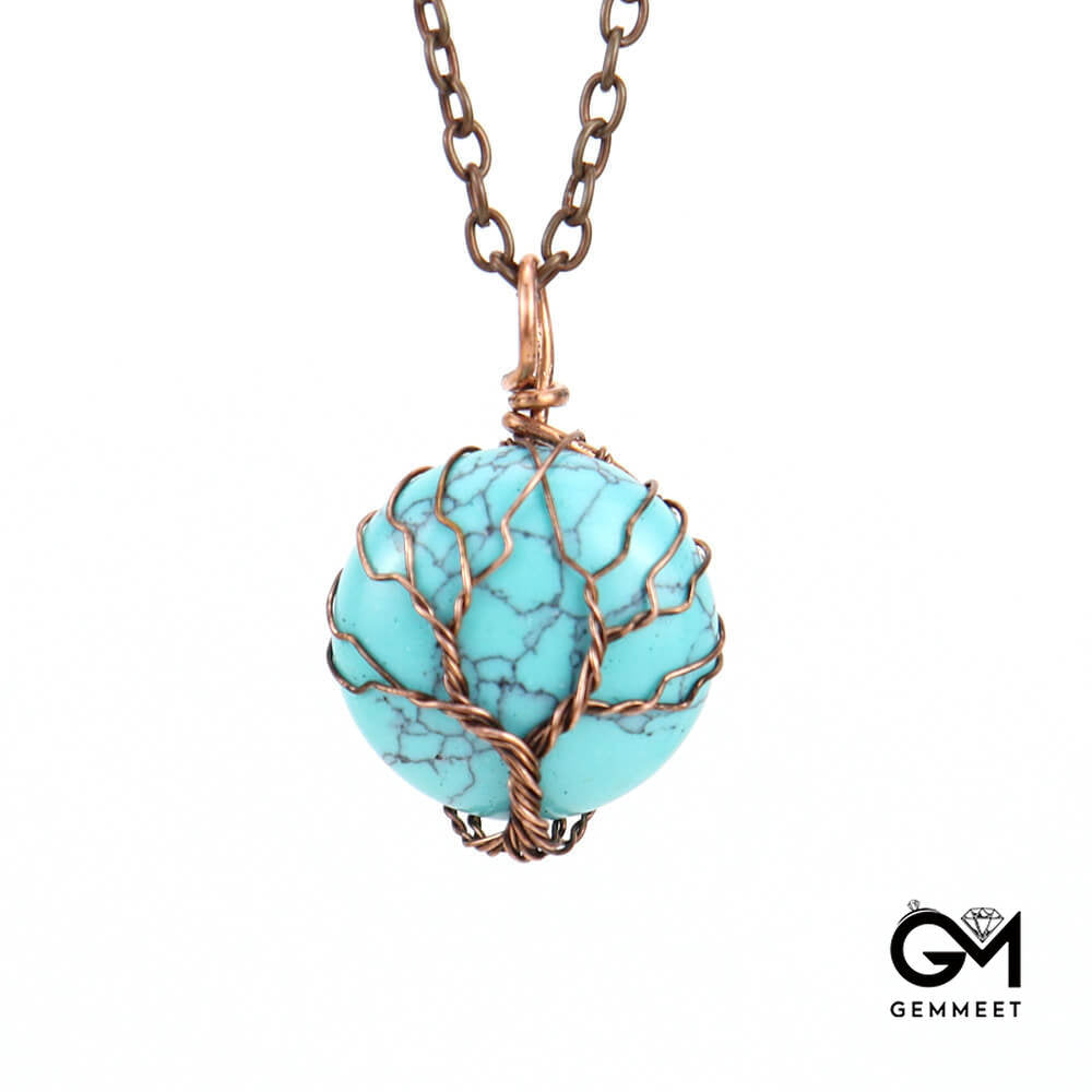 Crystal Circle Wrapped Tree of Life Pendant Necklace