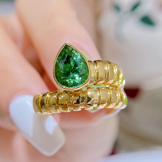 Medieval Style Gold Snake Ring Rich Green Tourmaline Ring