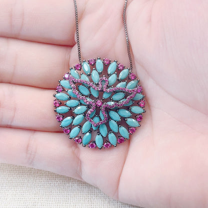 Round Inlaid Turquoise Pigeon Pendant Necklace