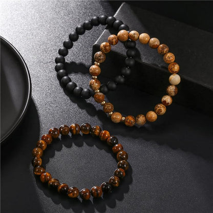 3Pcs Picture Jasper Tiger Eye Black Onyx Beaded Bracelets