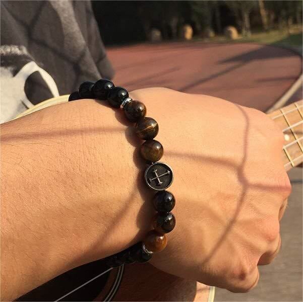 8mm Natural Tiger Eye Beaded Men Cross Bracelet