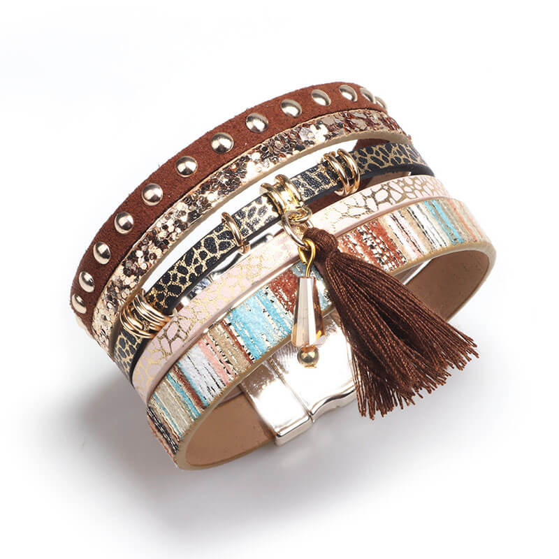 Fashion Multi-Layered Tassel Leather Personality Extra Wide Magnetic Buckle Bracelet