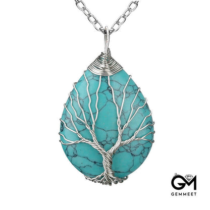 Wrapped Silk Tree of Life Turquoise Water Drop Necklace