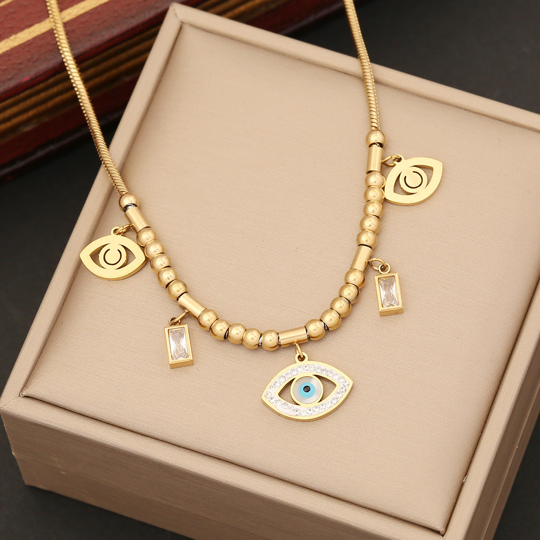 Hollow Evil Eye Golden Bead Pendant Bracelet Necklace & Earrings