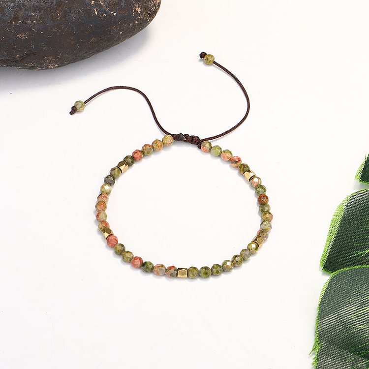 Faceted Unakite Beaded Braided Adjustable Bracelet