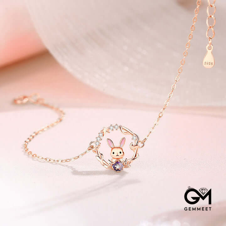 Cute Wreath Bunny Rose Gold Bracelet Necklace