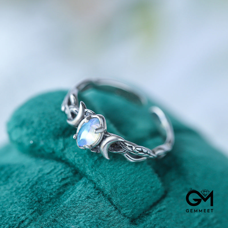 S925 Moonstone Bohemian Crescent Star Ring