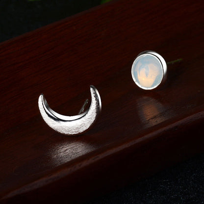 Brushed Sun&Moon Asymmetrical Moonstone Stud Earrings