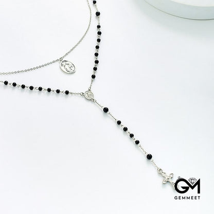 Obsidian Beaded Cross Rose Necklace