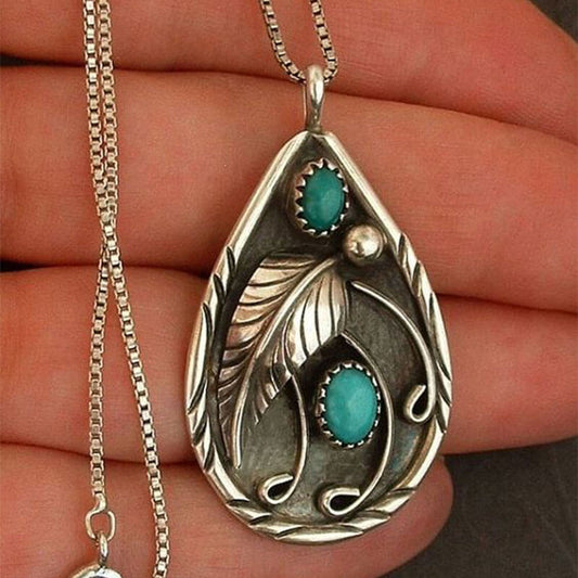 Embellished Turquoise Antique Blackened Feather Pendant Necklace