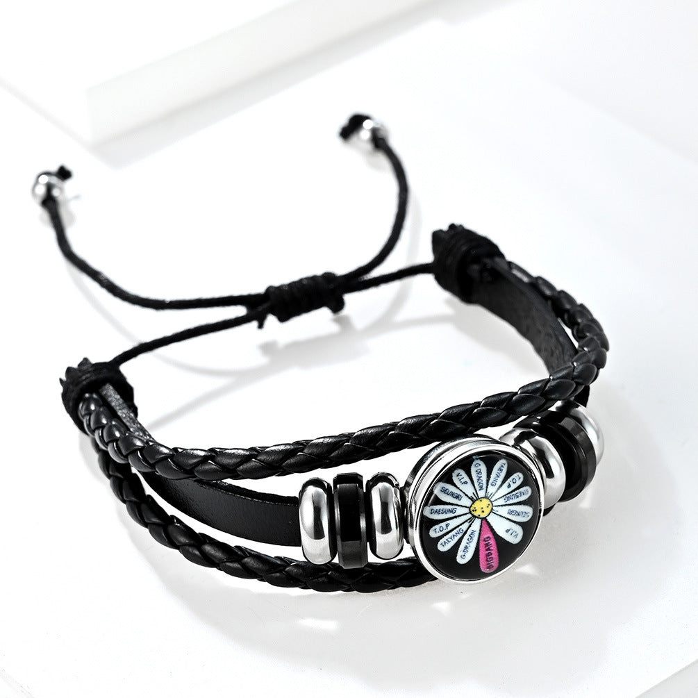 Sunflower Daisy Stainless Steel Leather Strap Bracelet