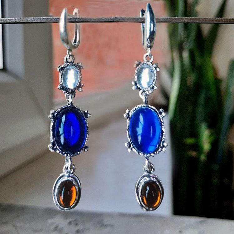 Oval Moonstone Sapphire Ethnic Witch Earrings