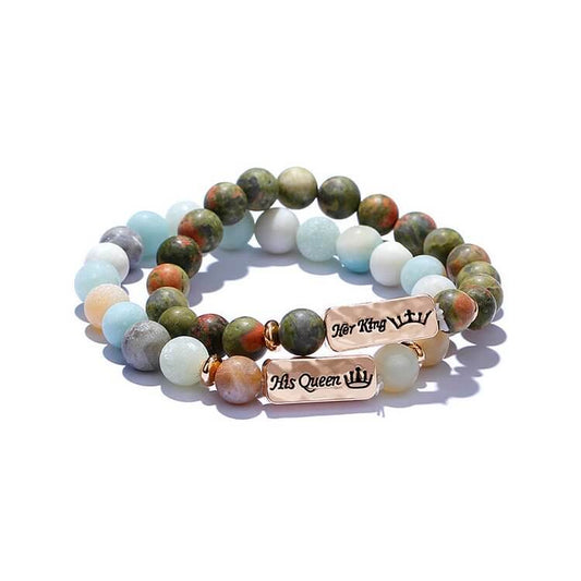 Natural Gemstone Her King /His Queen 2 Piece Engraving Bracelet