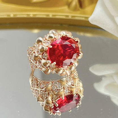 Palace Wind Textured Gold Carving Process Imitation Ruby Ring High-end Jewelry Crown Ring