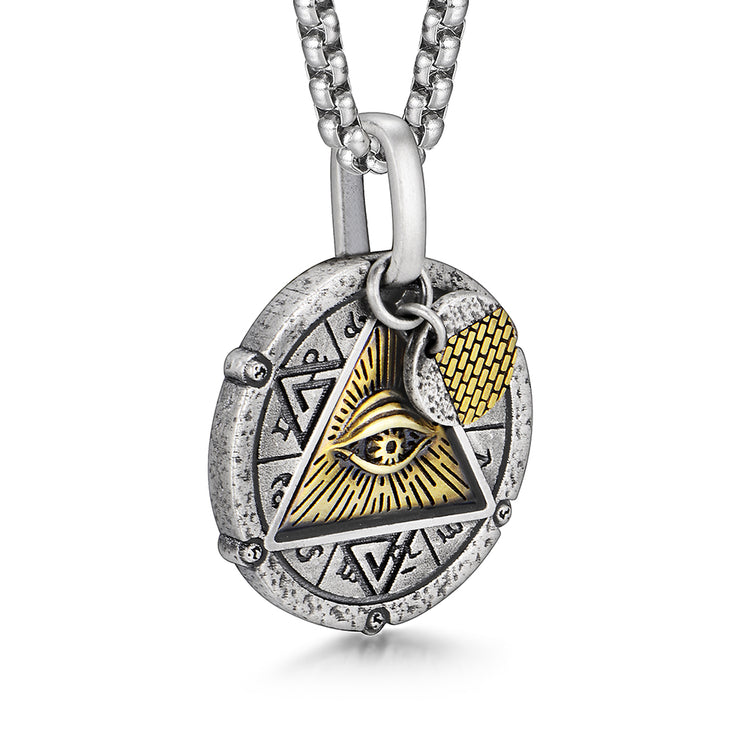 Sterling Silver Vintage Design Round Triangle Horus Eye Of God Pendants Necklace