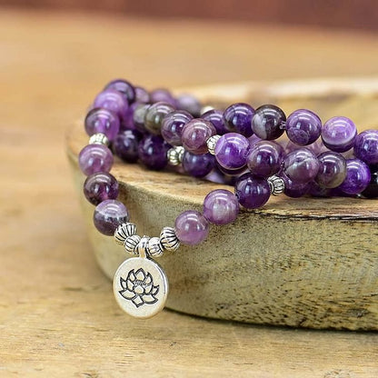 Amethyst Lotus Symbol Mala Necklace Bracelet