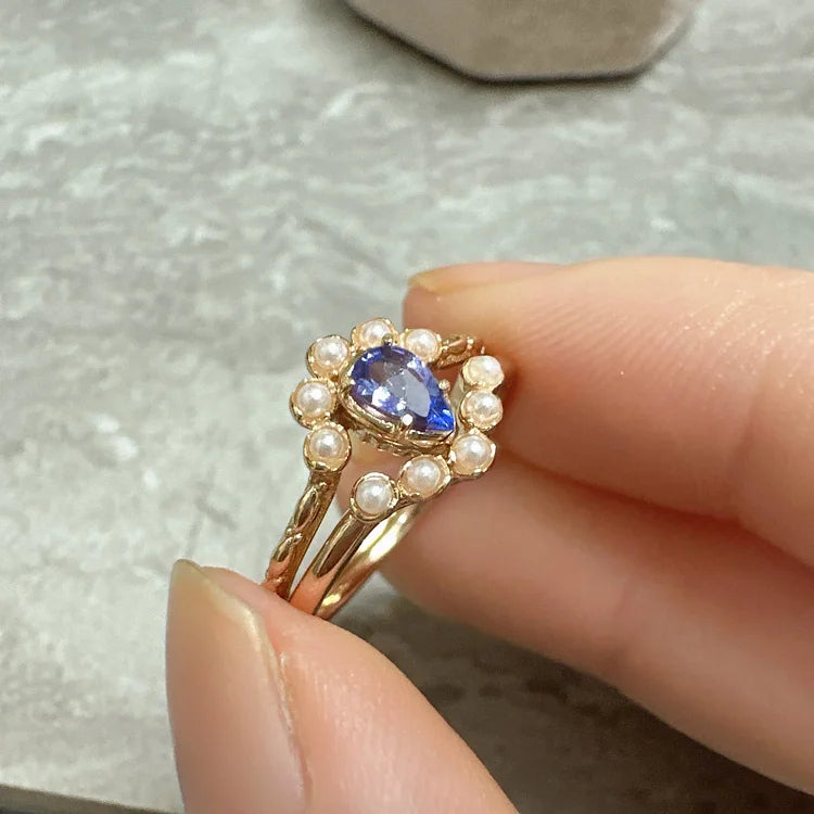 S925 Sapphire Pearl Teardrop Double Layer Ring