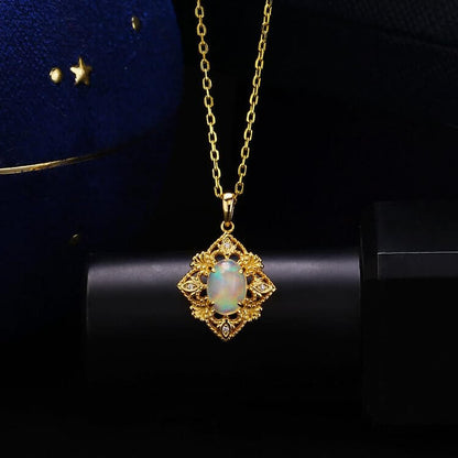 Natural Opal Cutout Rhombus Pendant Necklace