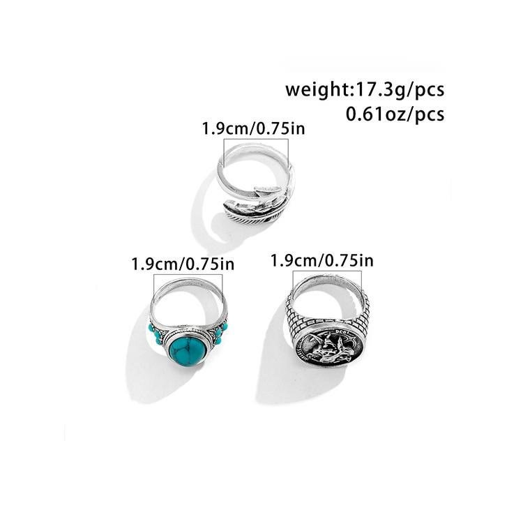 Turquoise Arrow Feather Skull Ring Set