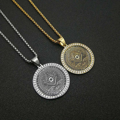 Titanium Steel Gold Plated Micropaved Zirconia Masonic Illuminati Pendant