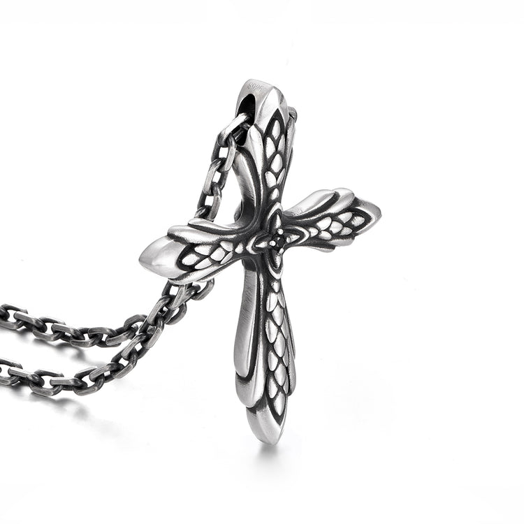 Sterling Silver Vintage Flower Cross Pendants Necklace