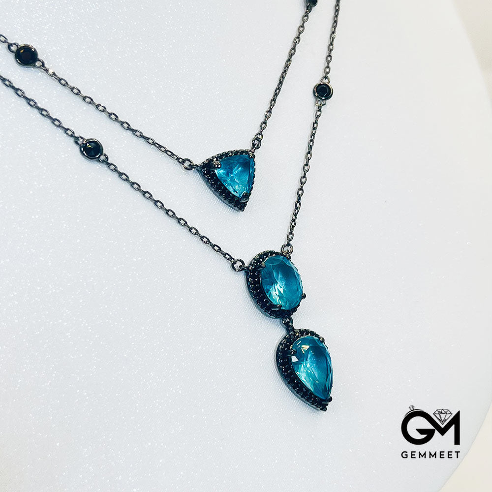 Double Triangular Drop-Shaped Pear-Shaped Blue Stone Pendant Necklace