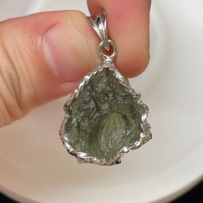 Delicate Natural Moldavite Irregular Silver Plating Pendant