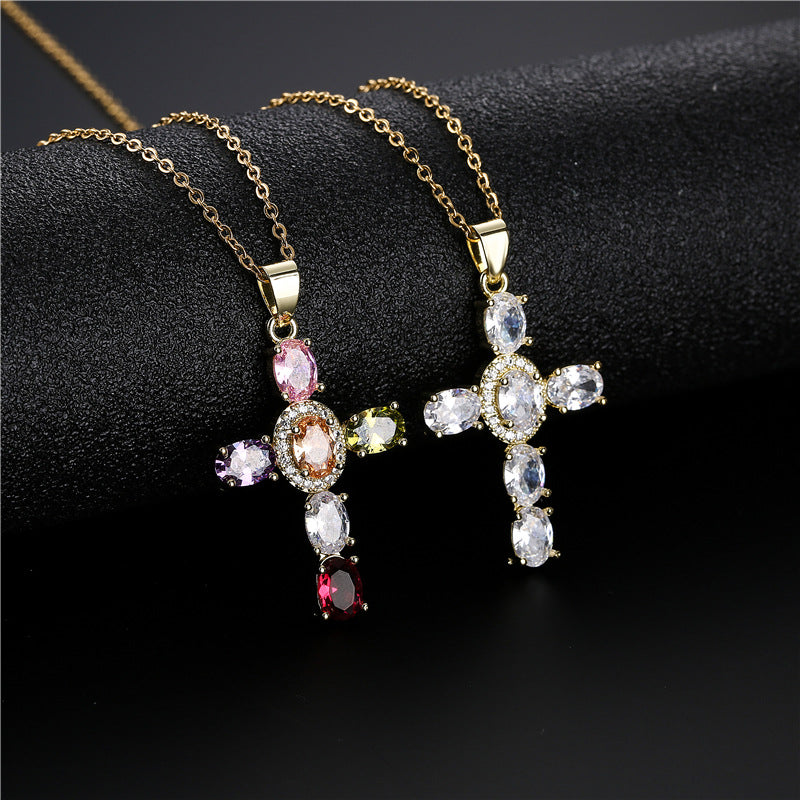 Full Oval Cut Stones Cross Shape Chain Necklace