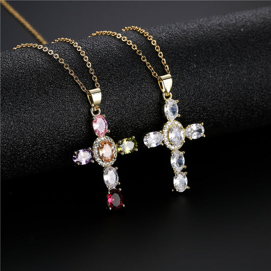 Full Oval Cut Stones Cross Shape Chain Necklace