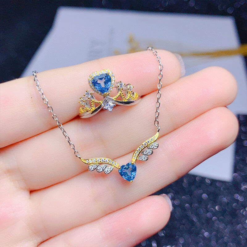 Angel Wings Necklace Imitation Natural Heart Shaped Blue Topaz Set Colored Treasure Ring Pendant