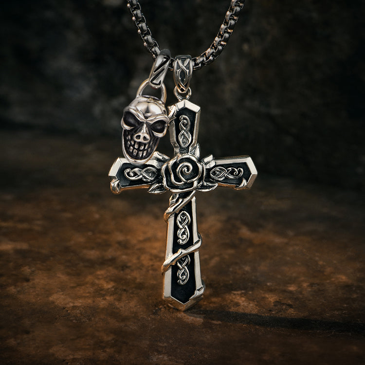 Sterling Silver Skull Flower Cross Necklace Pendants