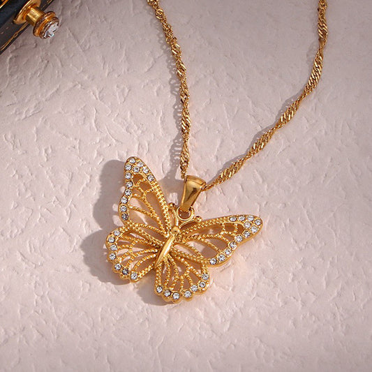 Water Wave Chain Hollowed Out Zircon Butterfly Necklace