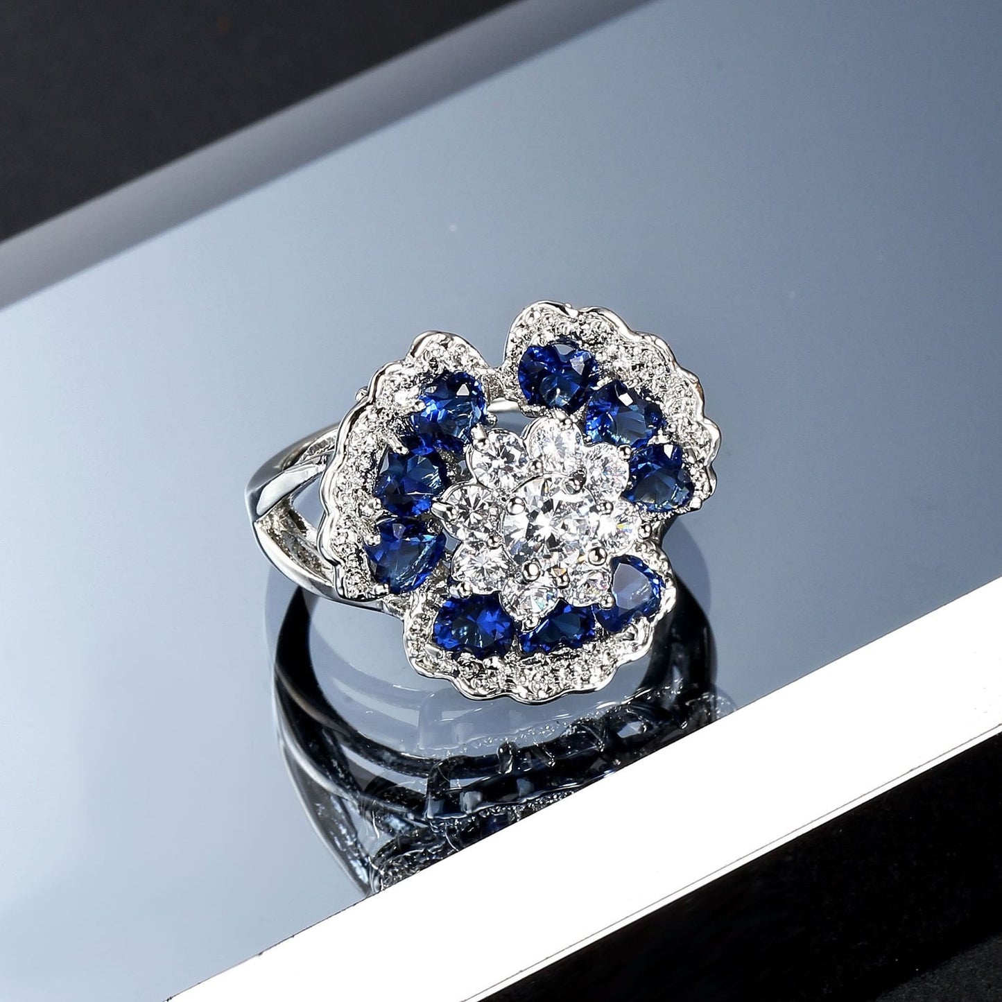 Heart Shape White Zircon With Sapphire Ring