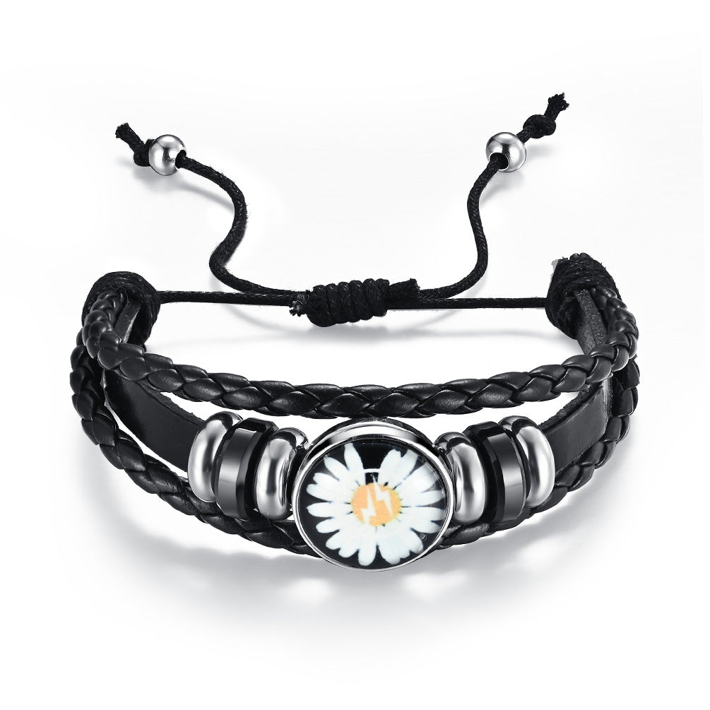 Sunflower Daisy Stainless Steel Leather Strap Bracelet