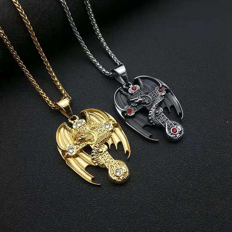 Men's Gold Plated Flying Dragon Cross Vintage Pendant