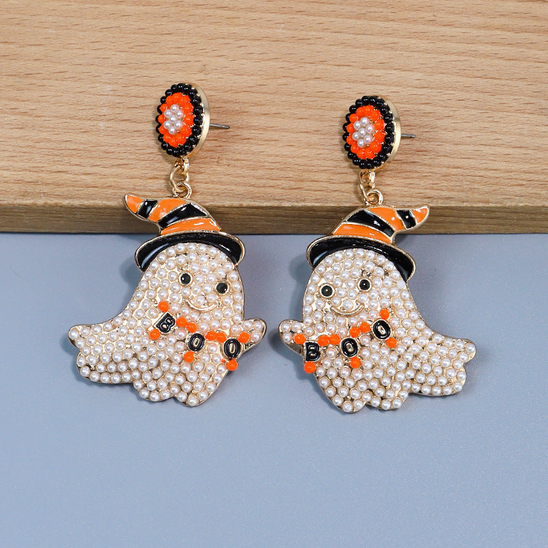 Halloween Cute and Funny Little Ghost Rice Bead Alloy Earrings