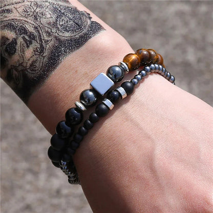 Frosted Tiger Eye Black Cube Stretch Bracelet Set