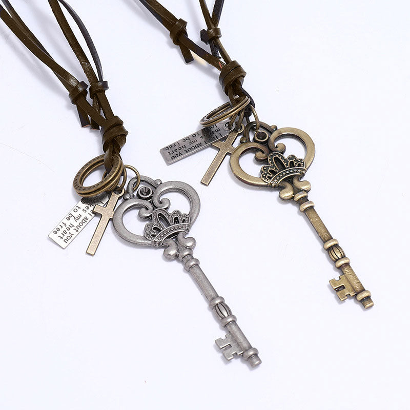 Retro Simple Key Pendant Leather Necklace