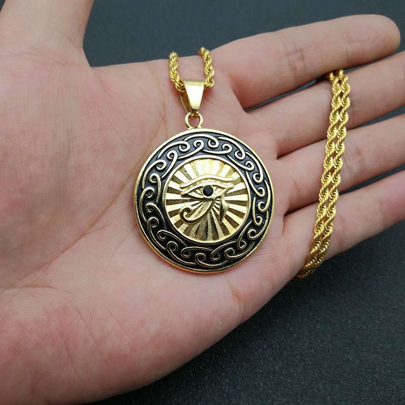 Hip Hop Gold Plated Zirconia Oiled Egyptian Eye of Horus Pendant