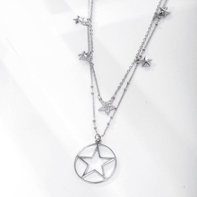 Double Layer Vintage Hollow Pentagram Round Geometric Pendant