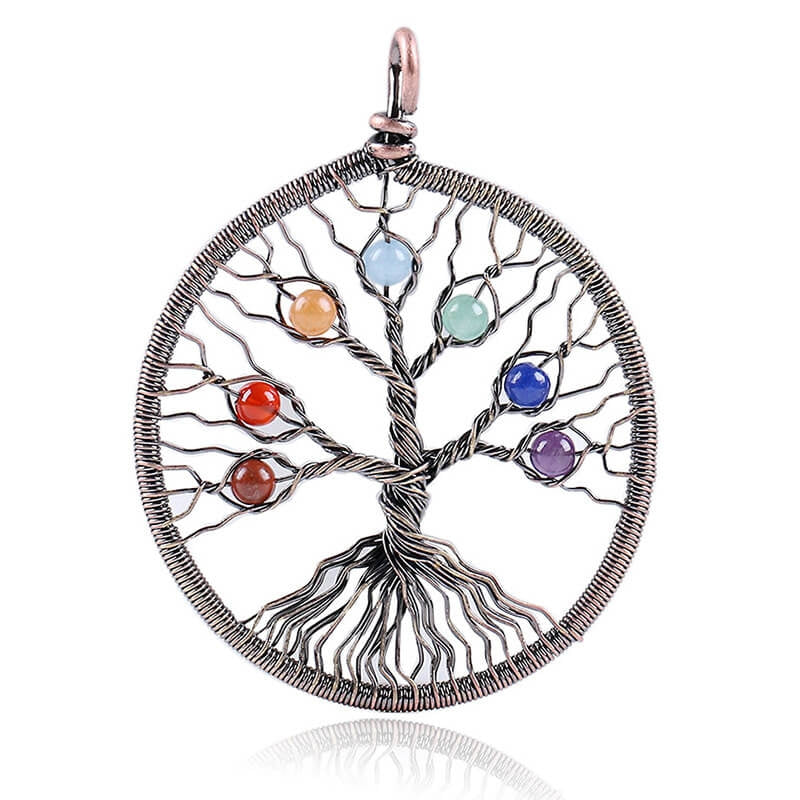 Ancient Red Copper Seven Color Stone Pearl Tree of Life Necklace